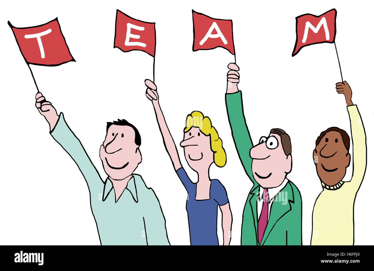 Illustrazione a colori di un gruppo eterogeneo di persone con le bandiere che scrivi 'team'. Foto Stock