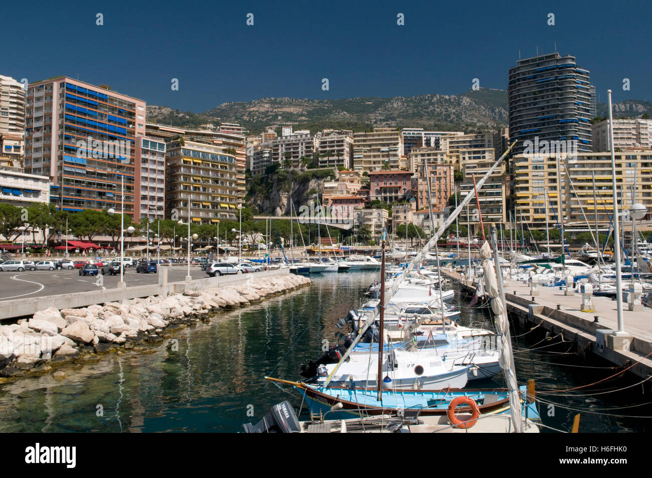 Porto e vista del Monte Carlo, Cote d'Azur, Monaco, Europa Foto Stock