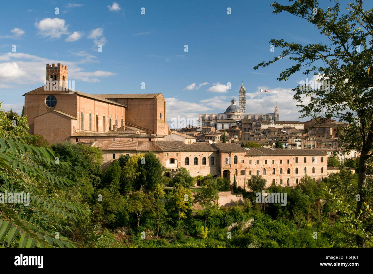 Vista della città con San Domenico basilica in mattoni e il Duomo di Santa Maria Assunta cattedrale, Siena, Patrimonio Mondiale dell Unesco Foto Stock