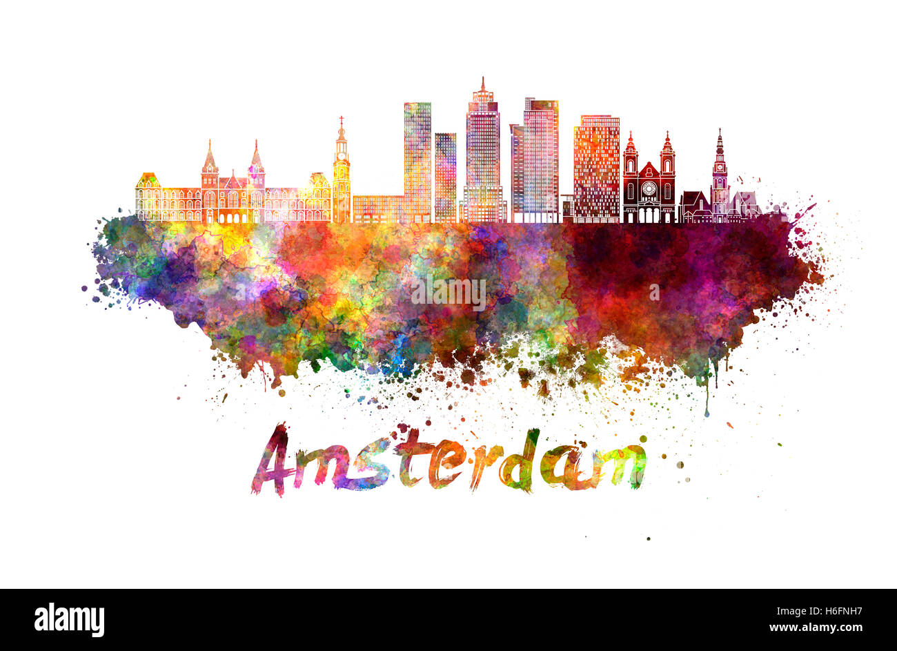 Lo skyline di Amsterdam in acquerello schizza con tracciato di ritaglio Foto Stock