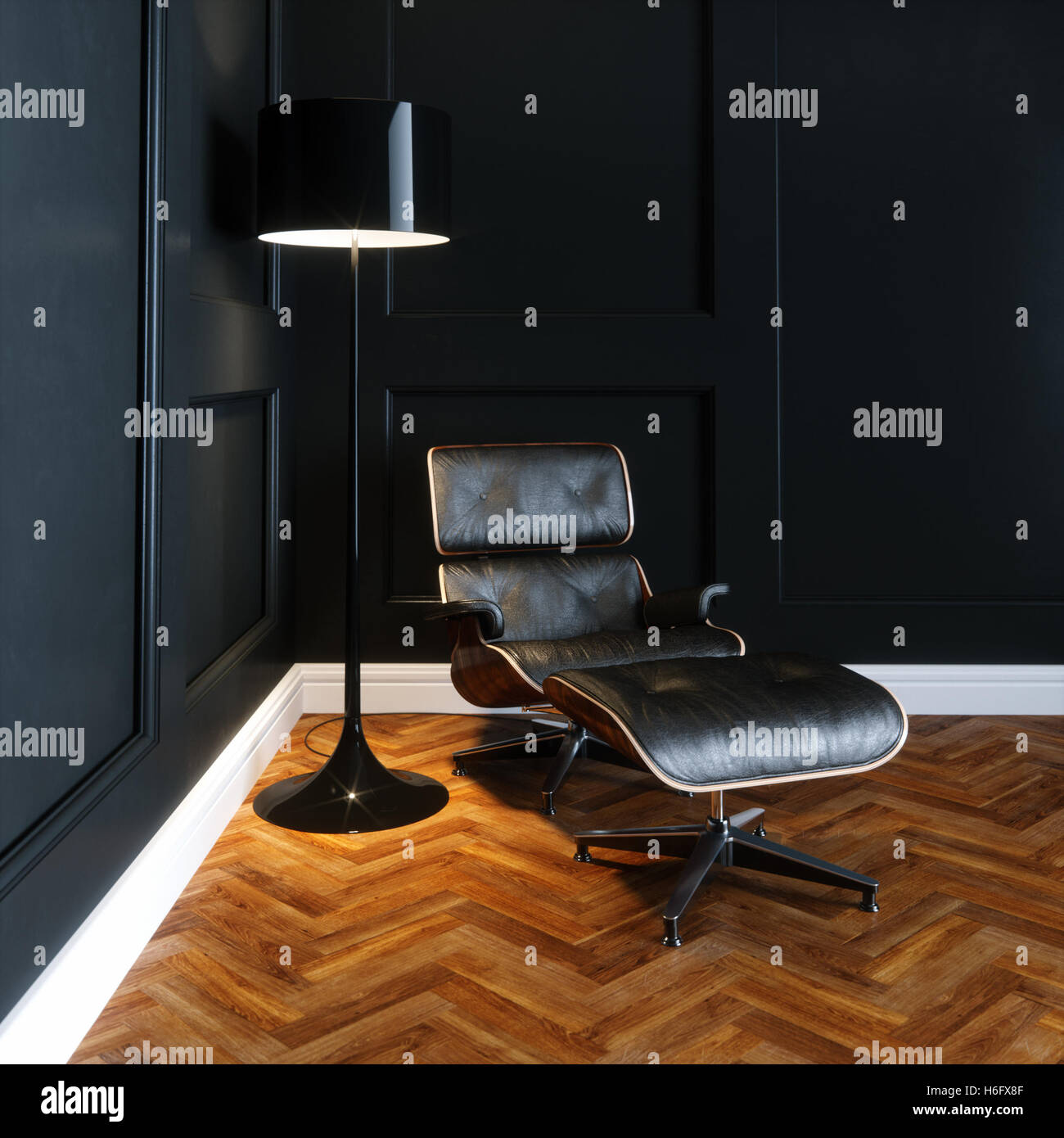 Pelle lounge chair in nuovi interni neri con pavimento in parquet e lampada da terra versione 3 Foto Stock