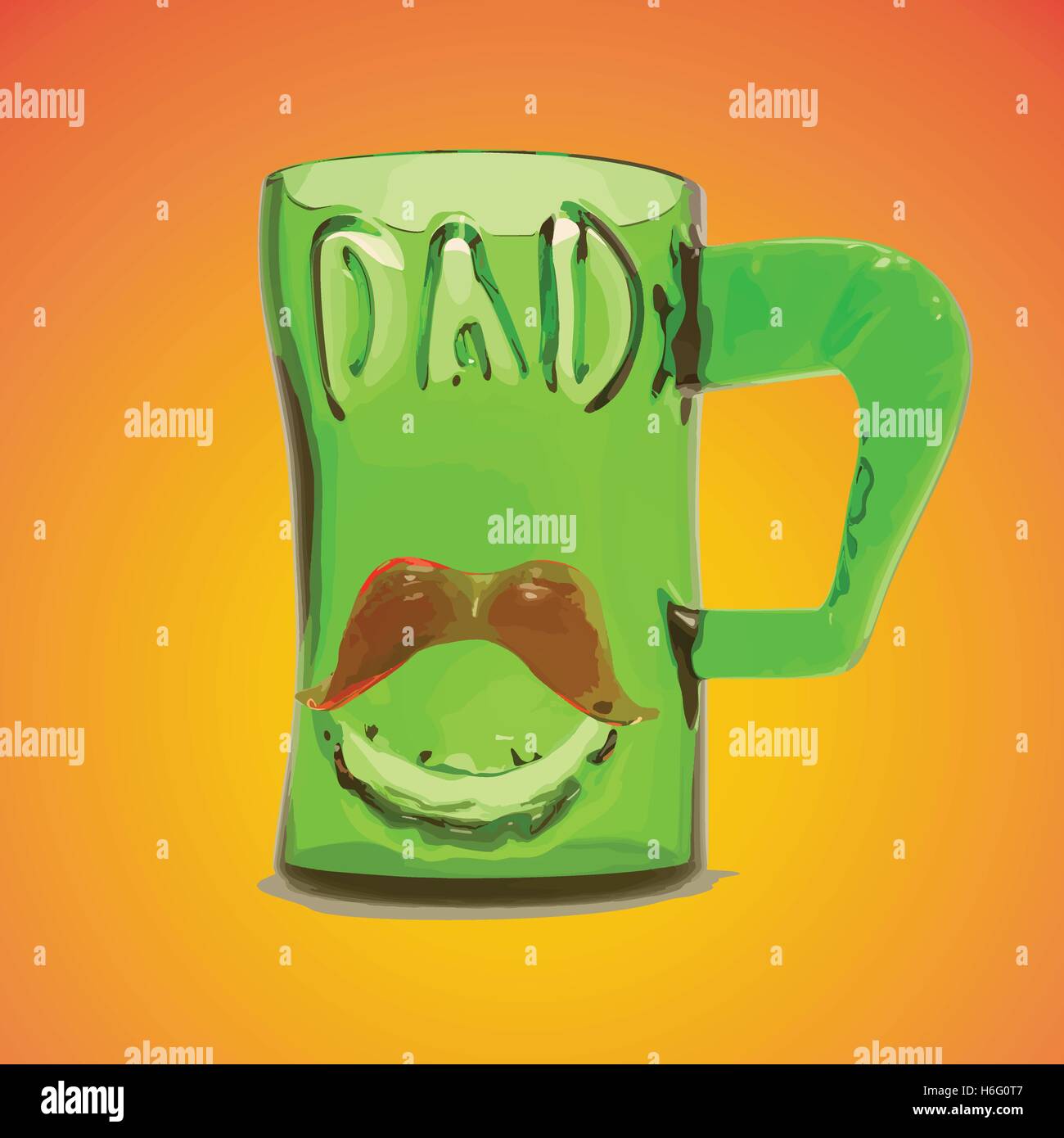 Vetro verde mug cup con testo di papà e baffi rosso. Padri giorno greeting card illustrazione vettoriale EPS10 Illustrazione Vettoriale