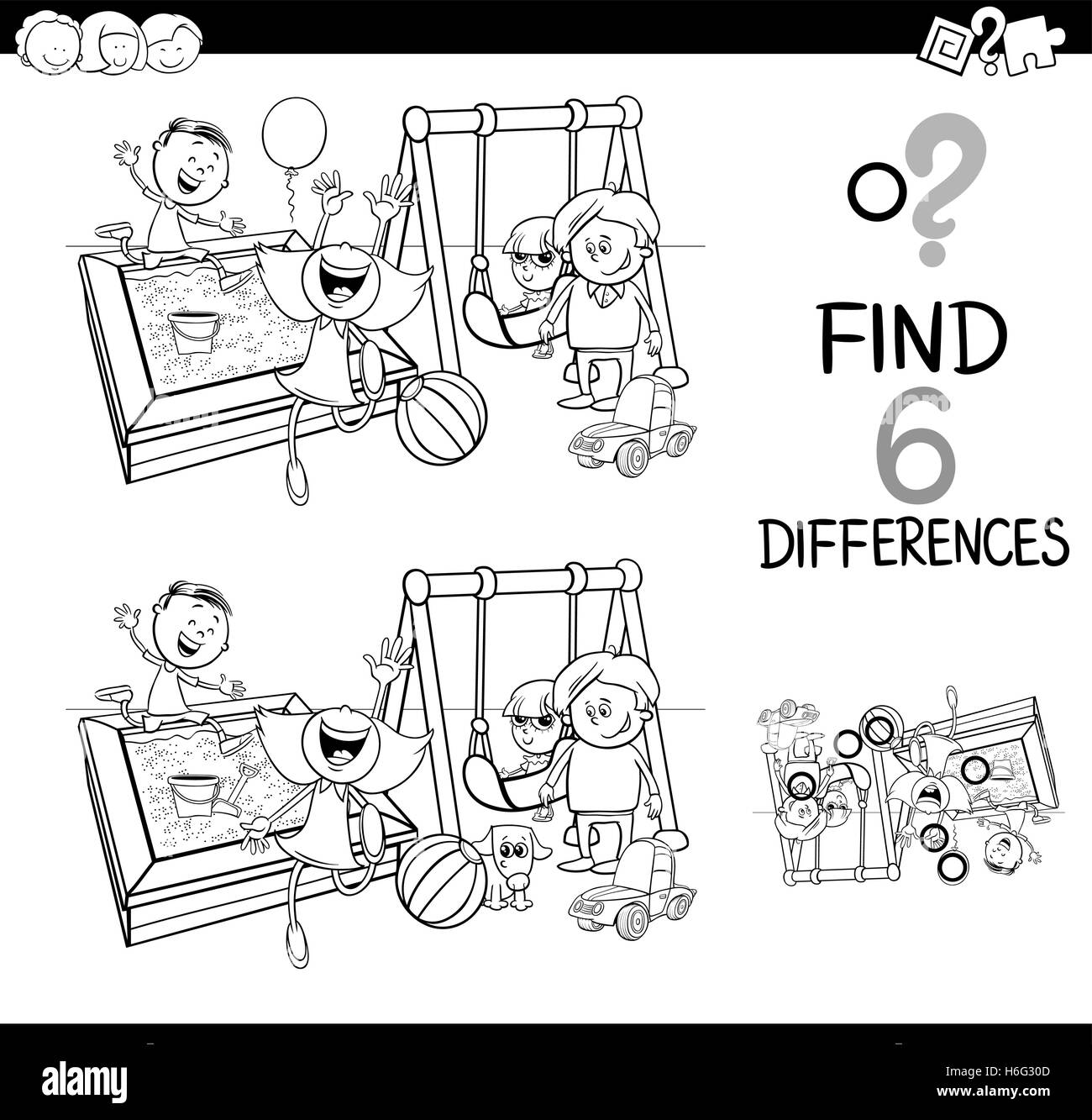Bianco e Nero Cartoon illustrazione di trovare la differenza di attività educative per i bambini con i bambini sul parco giochi Colorin Illustrazione Vettoriale