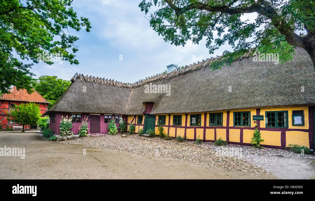 Danimarca, Funen, Odense, Funen village open air museum, tradizionale struttura di legno agriturismo dal Melby aerea Foto Stock