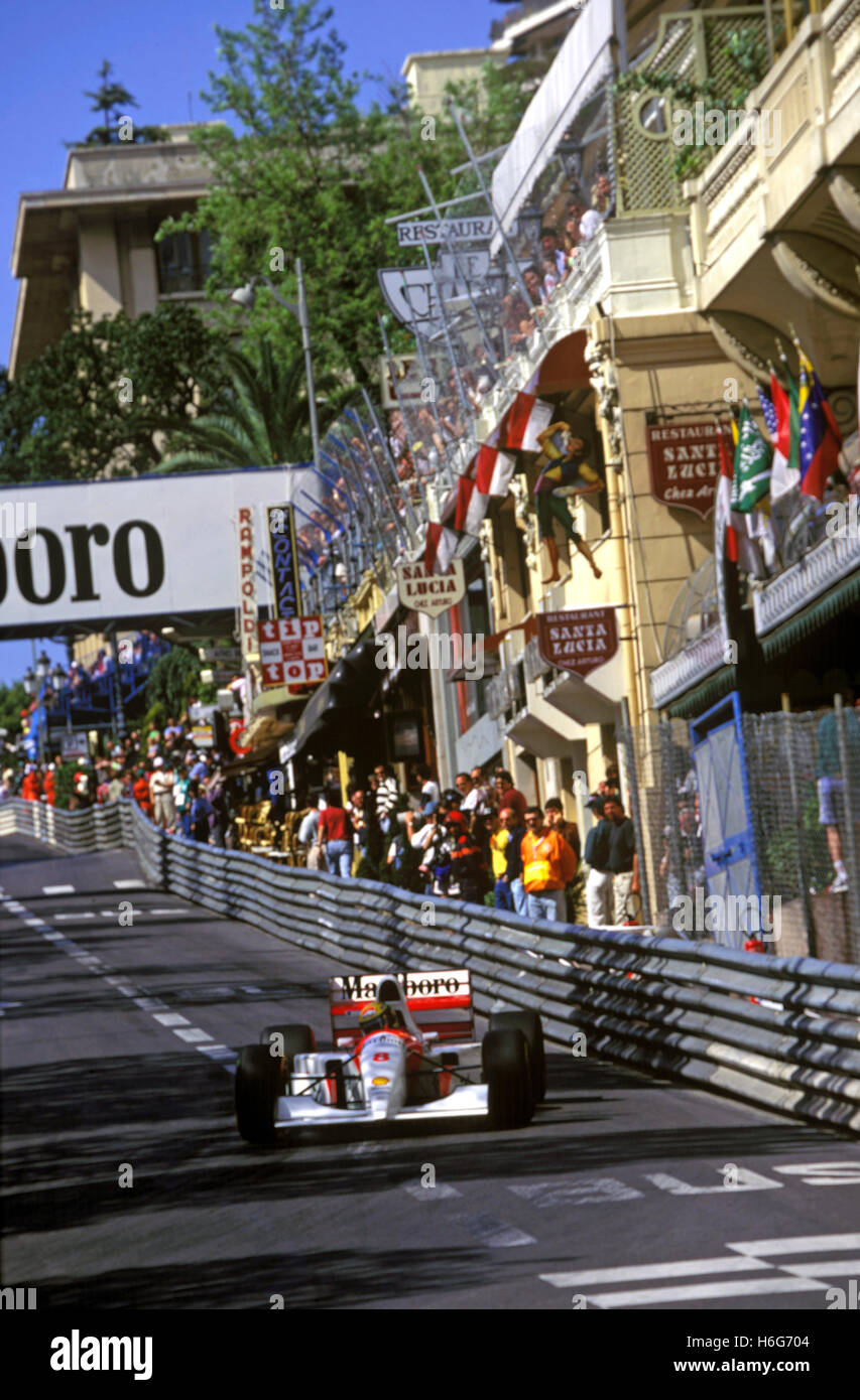 Senna alla McLaren MP4-8 a Monaco il 1° 1993 Foto Stock