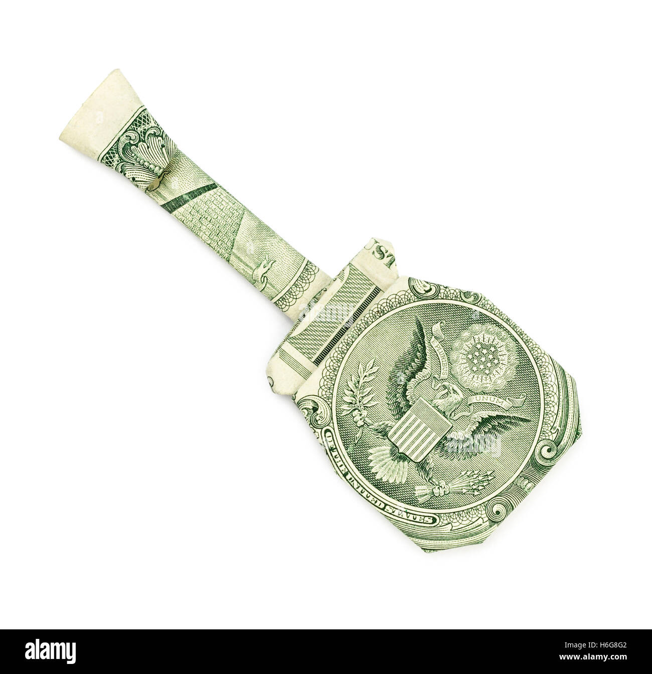 Dollar origami guitar isolati su sfondo bianco. Moneygami. Foto Stock