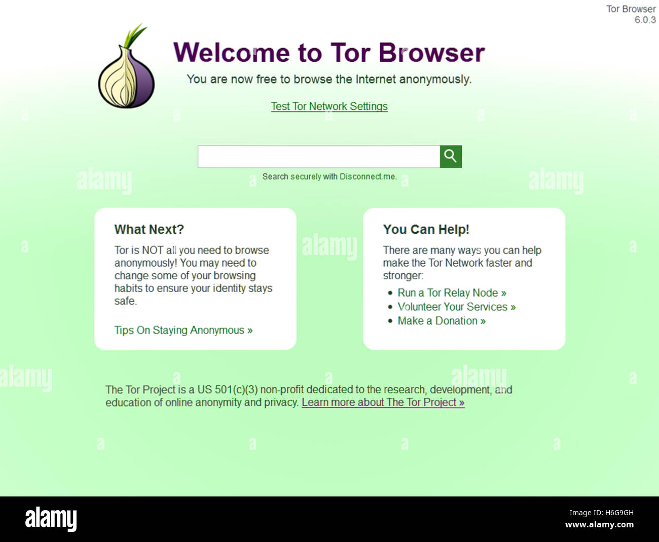 Schermata di avvio per il browser di cipolla, meglio conosciuto come 'Tor' che consente agli utenti di accedere a Internet in modo anonimo. L'anonimato Tor rimbalzi di rete del traffico Internet attraverso una rete distribuita ('onion routing') del relè correre intorno al mondo impedire ai terzi il monitoraggio della connessione. Foto Stock