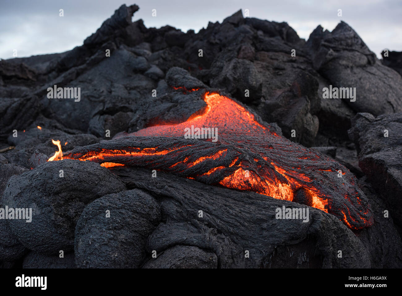 Lava pahoehoe dal 61G flusso, vulcano Kilauea, trasuda da una breakout nel Parco Nazionale dei Vulcani delle Hawaii, Hawaii, STATI UNITI D'AMERICA Foto Stock