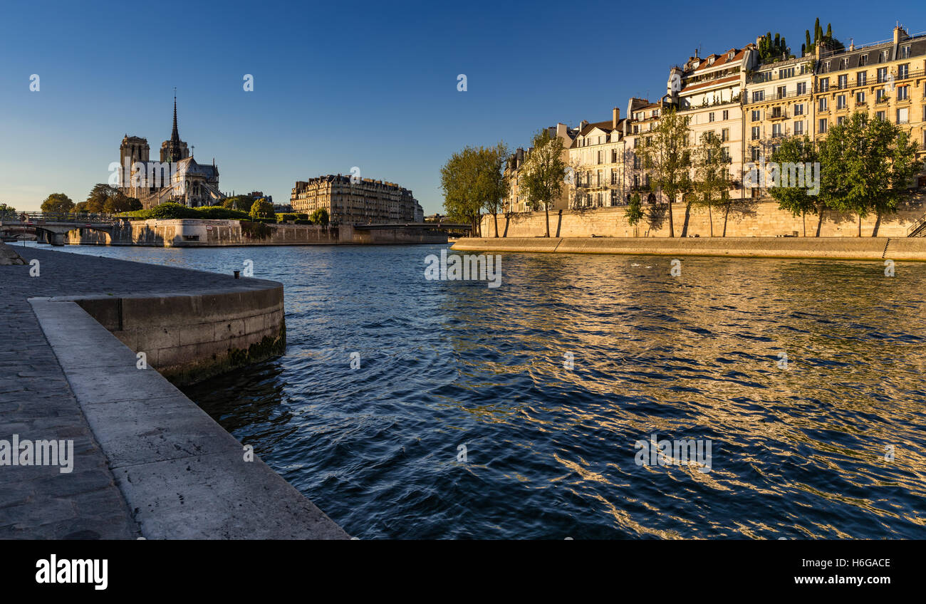 Notre Dame de Paris e il Fiume Senna (Quai d'Orleans) al tramonto. Ile Saint Louis e Ile de la Cite, Parigi, Francia Foto Stock