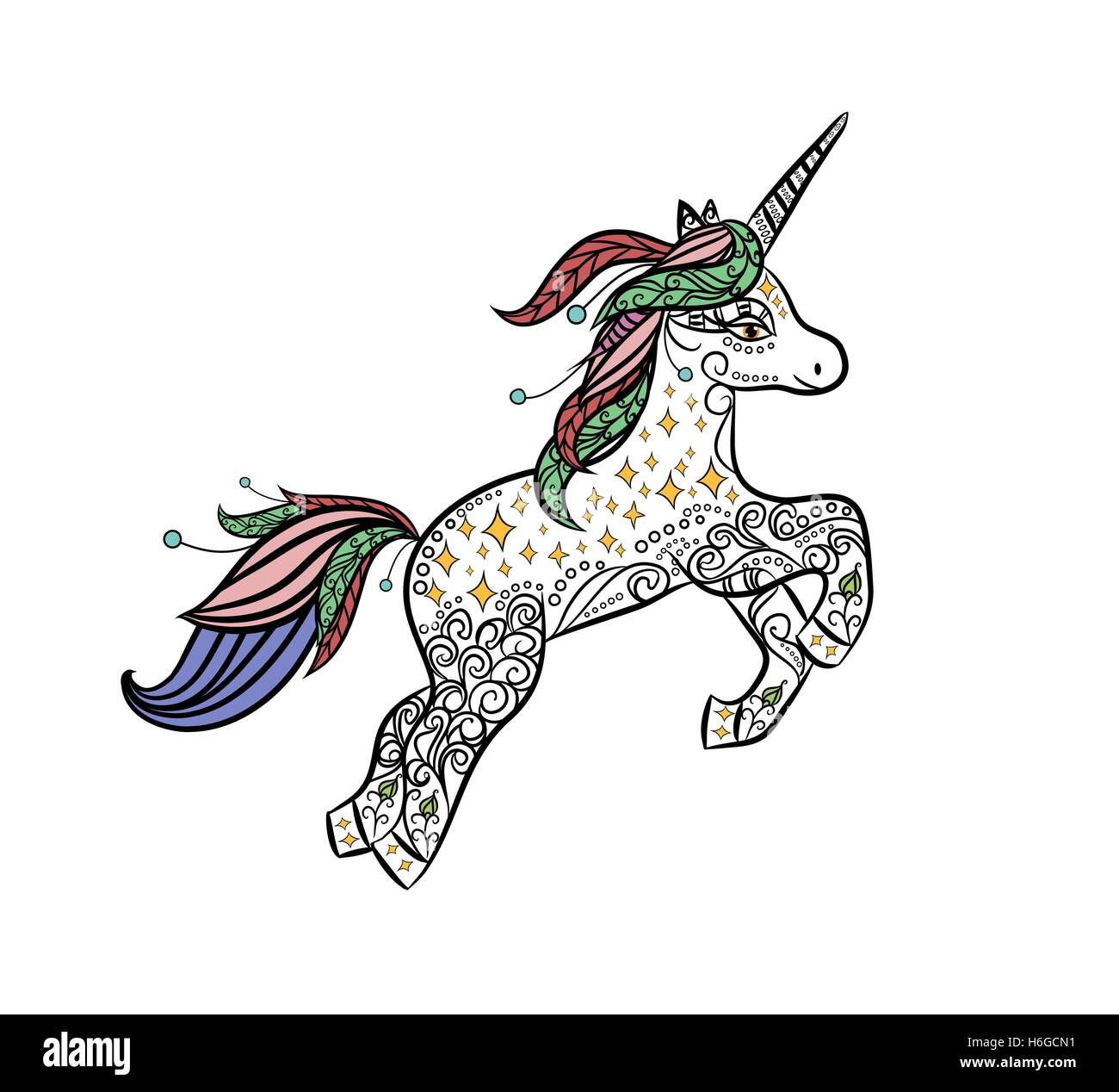 Mitico Unicorn in un magico animale stile doodle vettore. Design decorativo per la colorazione di libri per adulti e bambini. Lo stress di un Illustrazione Vettoriale
