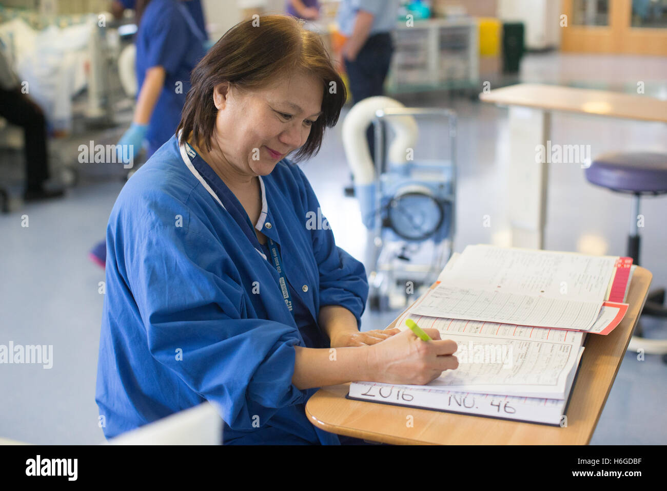 Un infermiere in un ospedale rende note nel giornale di bordo i pazienti Foto Stock