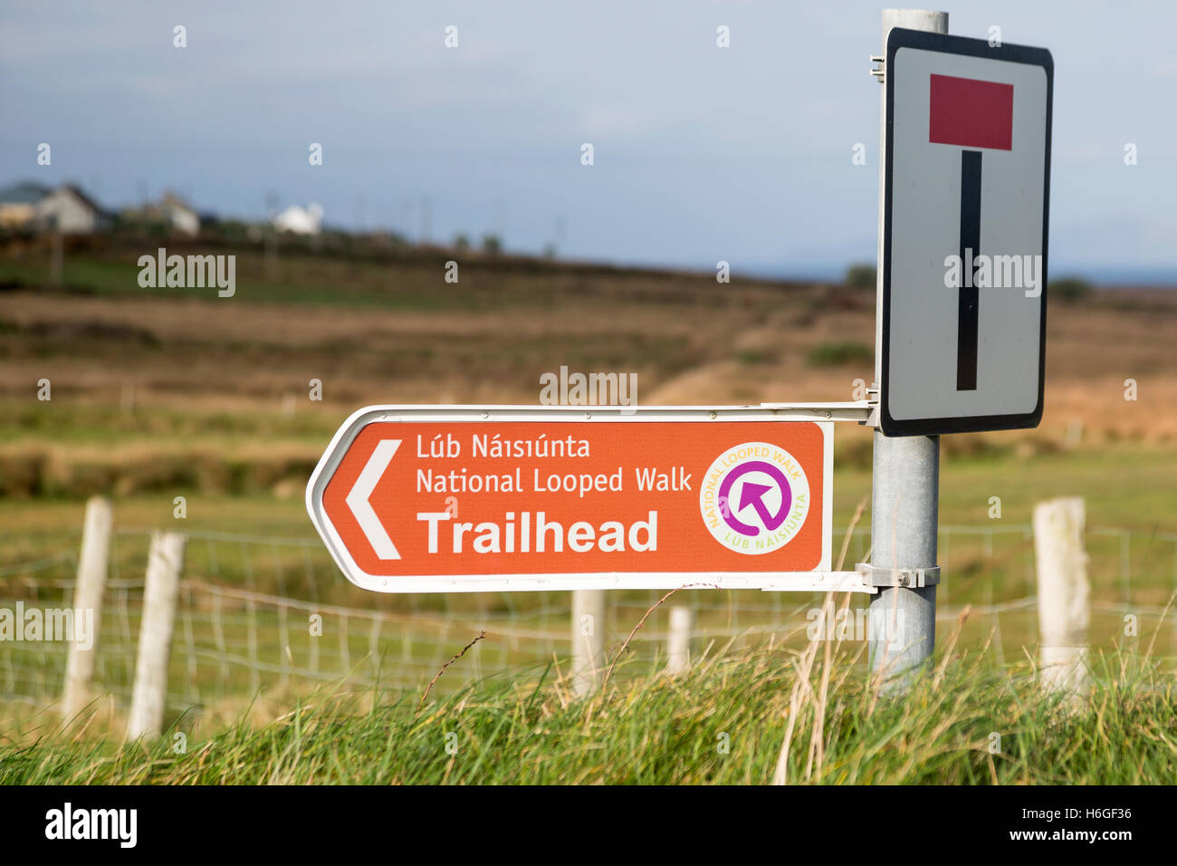 Cartello stradale sulla Wild Atlantic modo, Valentia Island, nella contea di Kerry, Irlanda Foto Stock