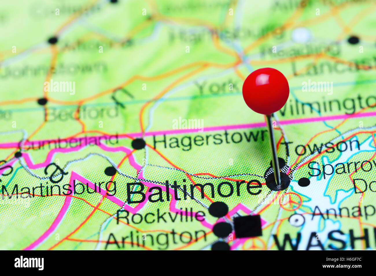 Baltimore imperniata su una mappa del Maryland, Stati Uniti d'America Foto Stock