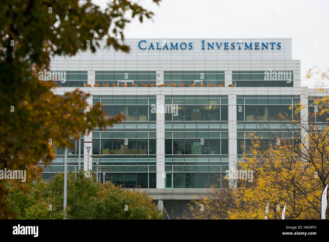 Un logo segno al di fuori della sede di Calamos Asset Management a Naperville, Illinois, il 15 ottobre 2016. Foto Stock