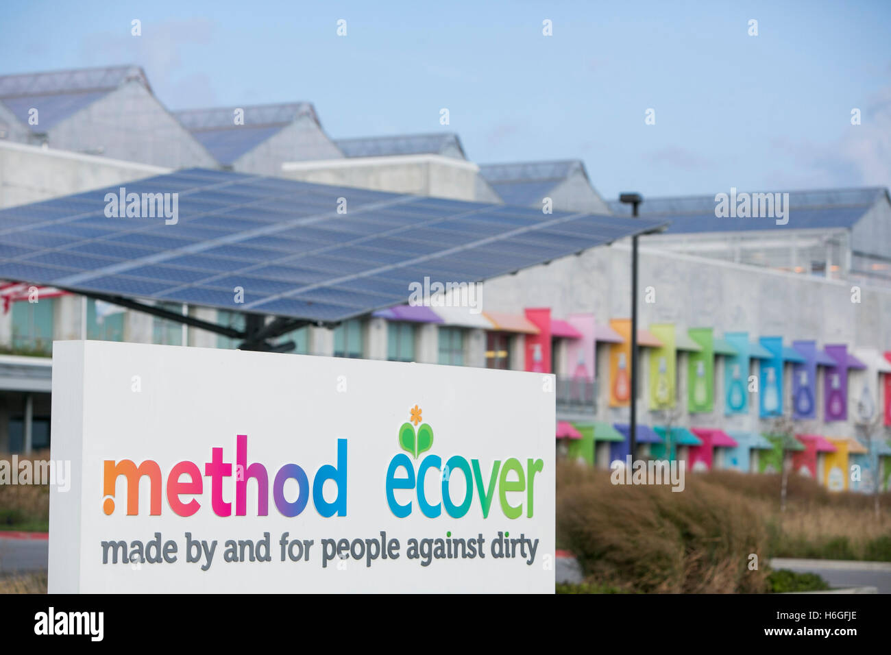 Un segno del logo al di fuori del metodo e della fabbrica di Ecover in Pullman quartiere di Chicago, in Illinois, il 15 ottobre 2016. Foto Stock