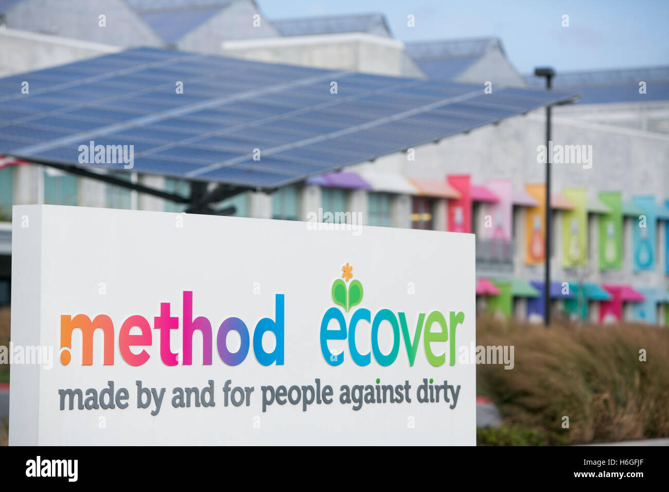 Un segno del logo al di fuori del metodo e della fabbrica di Ecover in Pullman quartiere di Chicago, in Illinois, il 15 ottobre 2016. Foto Stock