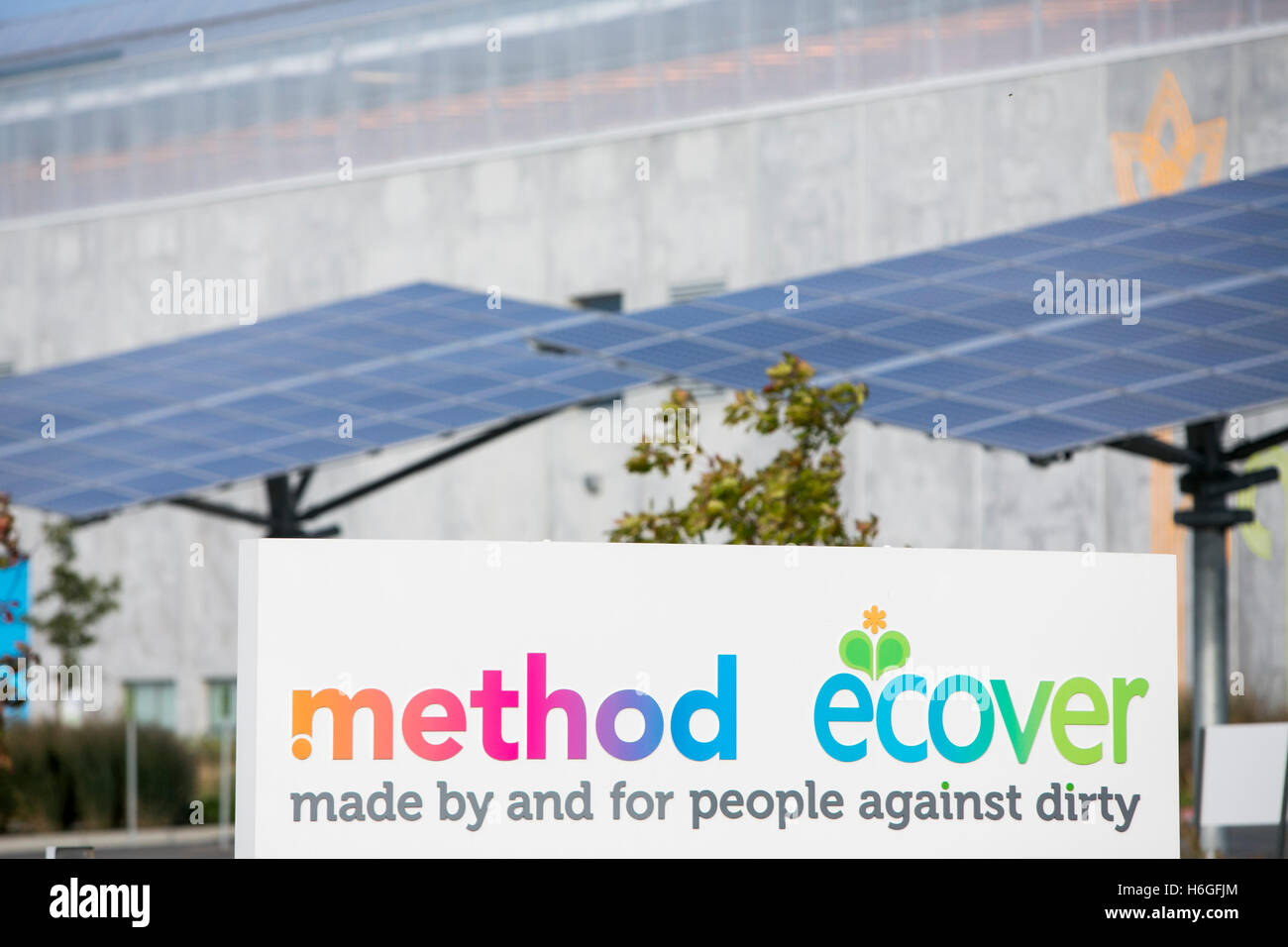 Un segno del logo al di fuori del metodo e della fabbrica di Ecover in Pullman quartiere di Chicago, in Illinois, il 15 ottobre 2016. Foto Stock