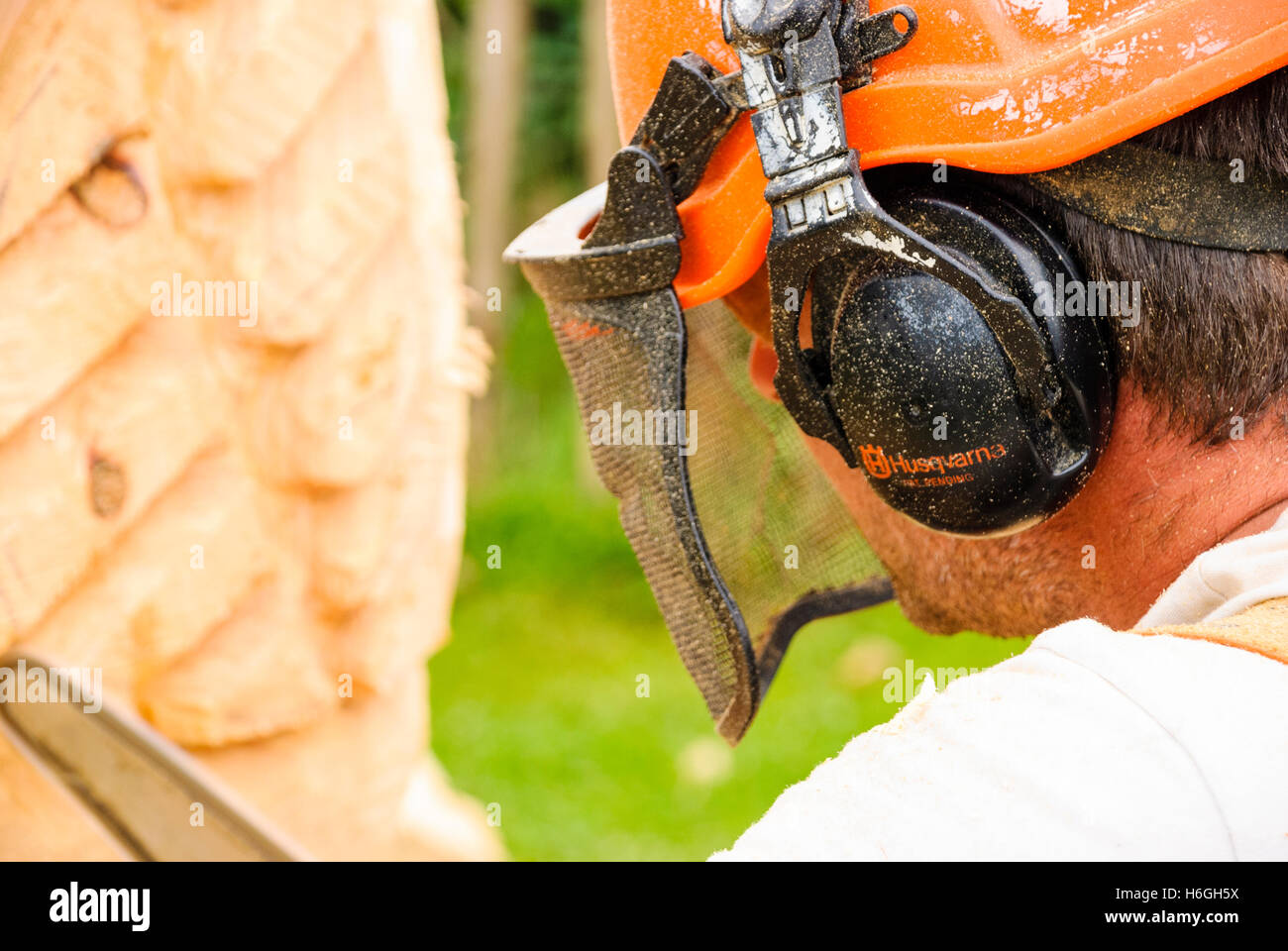 Husqvarna chainsaw e casco con cuffie antirumore giacente su un patio  accanto a rami che sono state appena tagliato Foto stock - Alamy