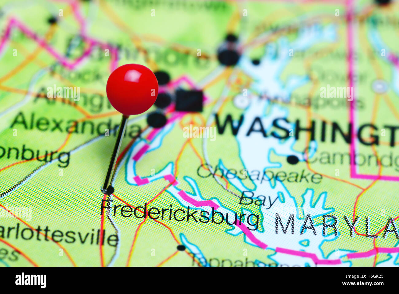 Fredericksburg imperniata su una mappa della Virginia, Stati Uniti d'America Foto Stock