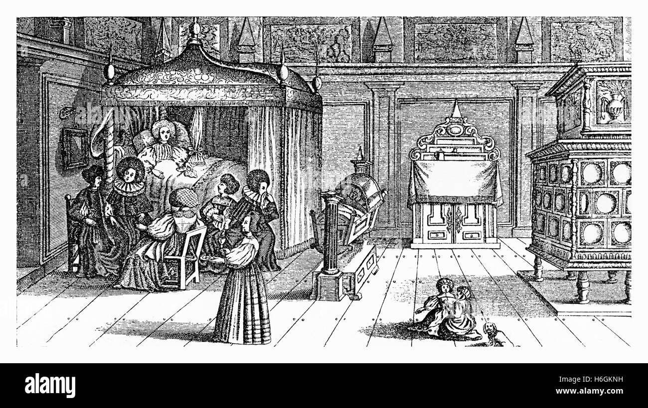XVII secolo, Lady con gli amici, servo e bambini nella camera da letto arredata da postato il letto con baldacchino di tessuto, culla e stufa di maiolica come dispositivo di riscaldamento Foto Stock
