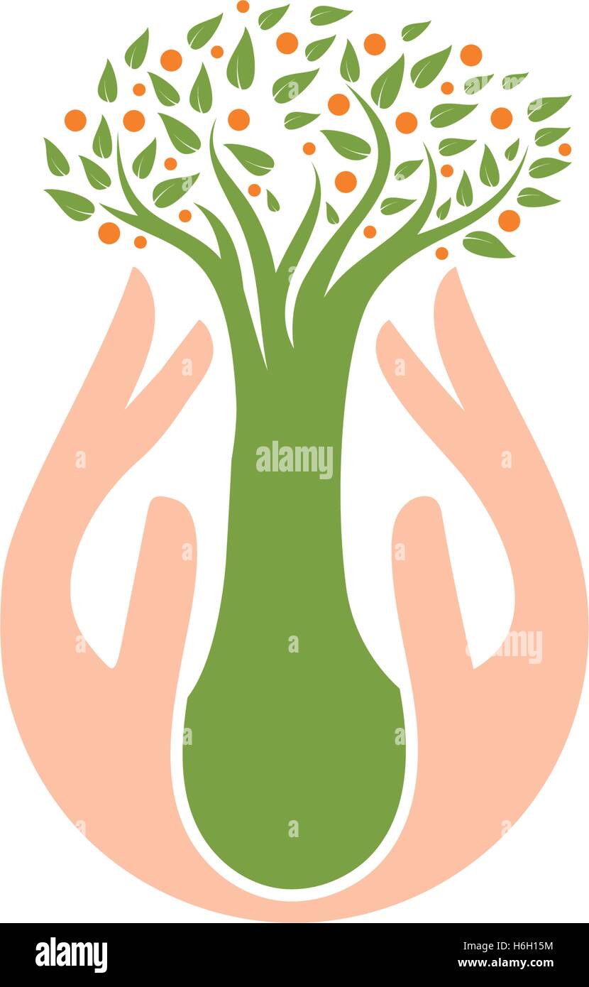 Isolati naturali astratta logotipo. Colore verde impianto in mani umane logo. Il germoglio di palme icona. Segno di giardinaggio. La crescita e lo sviluppo il simbolo. Natura del vettore illustrazione di protezione. Illustrazione Vettoriale