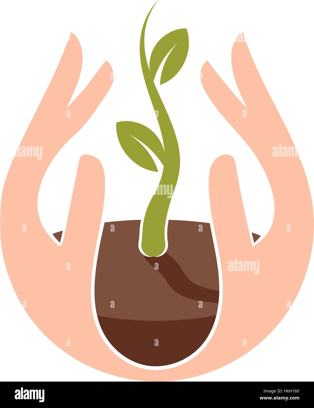 Isolati naturali astratta logotipo. Colore verde impianto in mani umane logo. Il germoglio di palme icona. Segno di giardinaggio. La crescita e lo sviluppo il simbolo. Natura del vettore illustrazione di protezione. Illustrazione Vettoriale