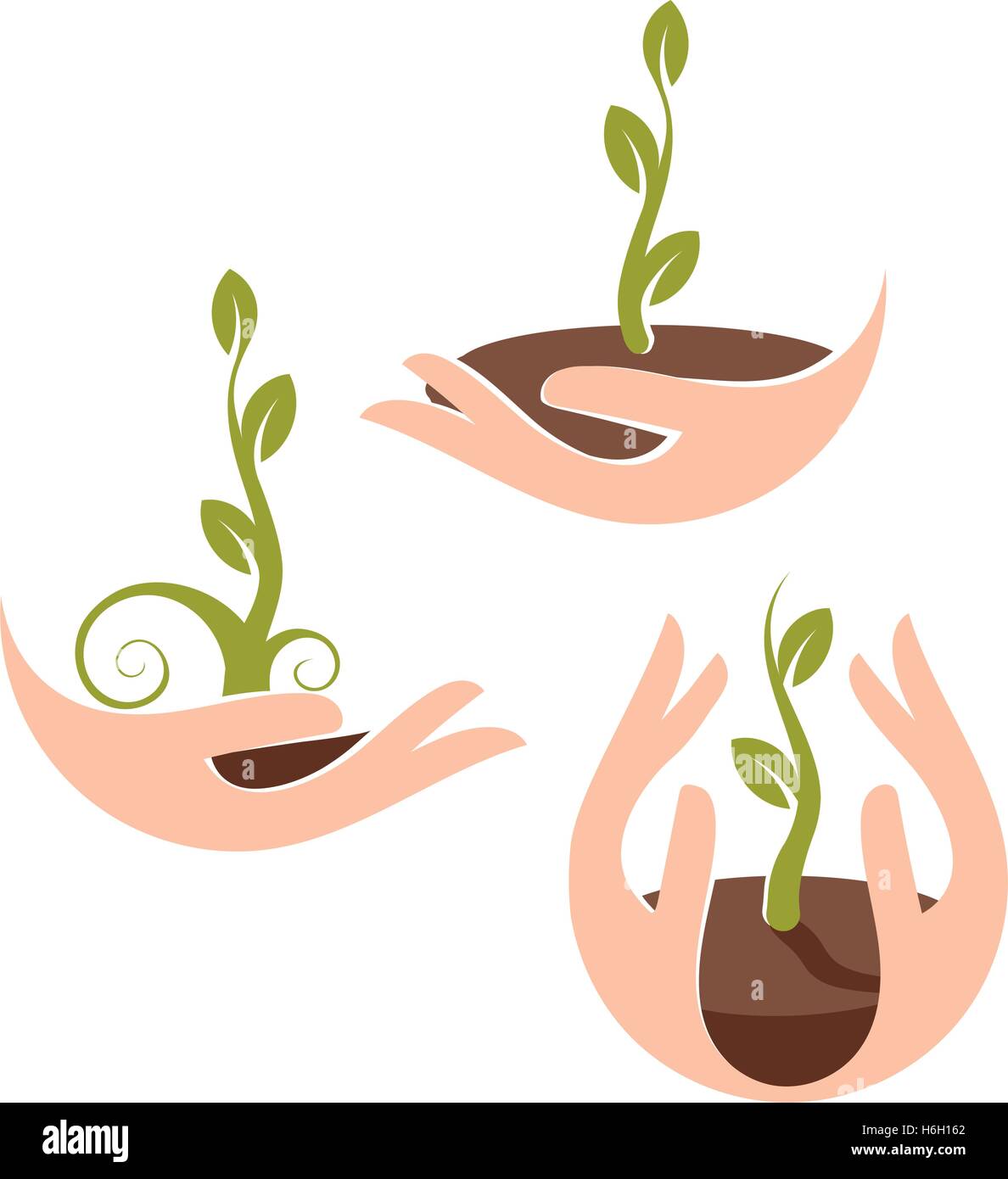 Isolati naturali astratta logotipo set. Colore verde impianto in mani umane logo collection. Il germoglio di palme icona. Segno di giardinaggio. La crescita e lo sviluppo il simbolo. Natura del vettore illustrazione di protezione. Illustrazione Vettoriale