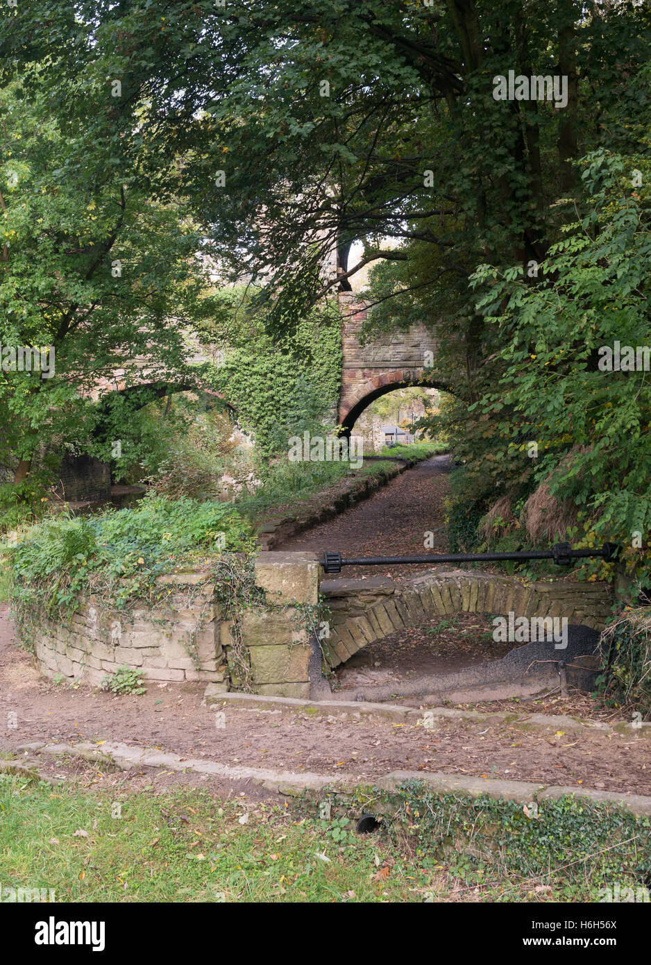 Resti di saracinesca e leat per Torr Mill, New Mills, Derbyshire, Inghilterra, Regno Unito Foto Stock