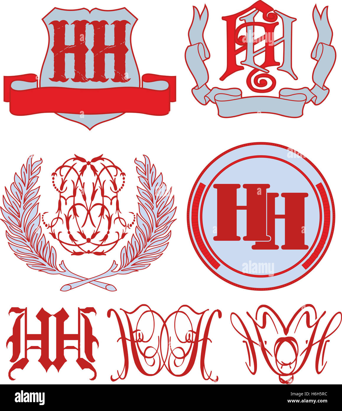 Set di HH monogrammi e decorativi modelli emblema con due lettere HH. Vettore Collezione. Foto Stock