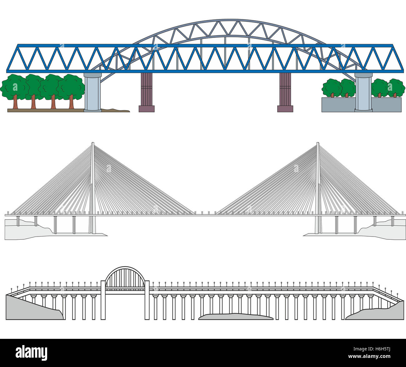 Set di tre ponti di varie - ponte ferroviario, cavo-alloggiato il Ponte e ponte dell'autostrada Foto Stock