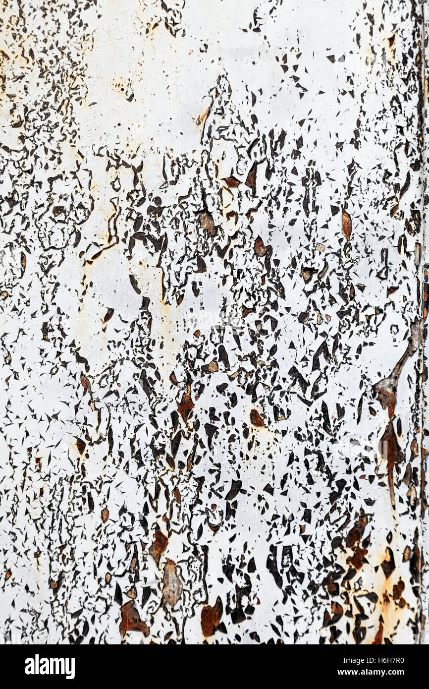 Ruggine di una superficie metallica con peeling vecchia vernice bianca. Foto Stock