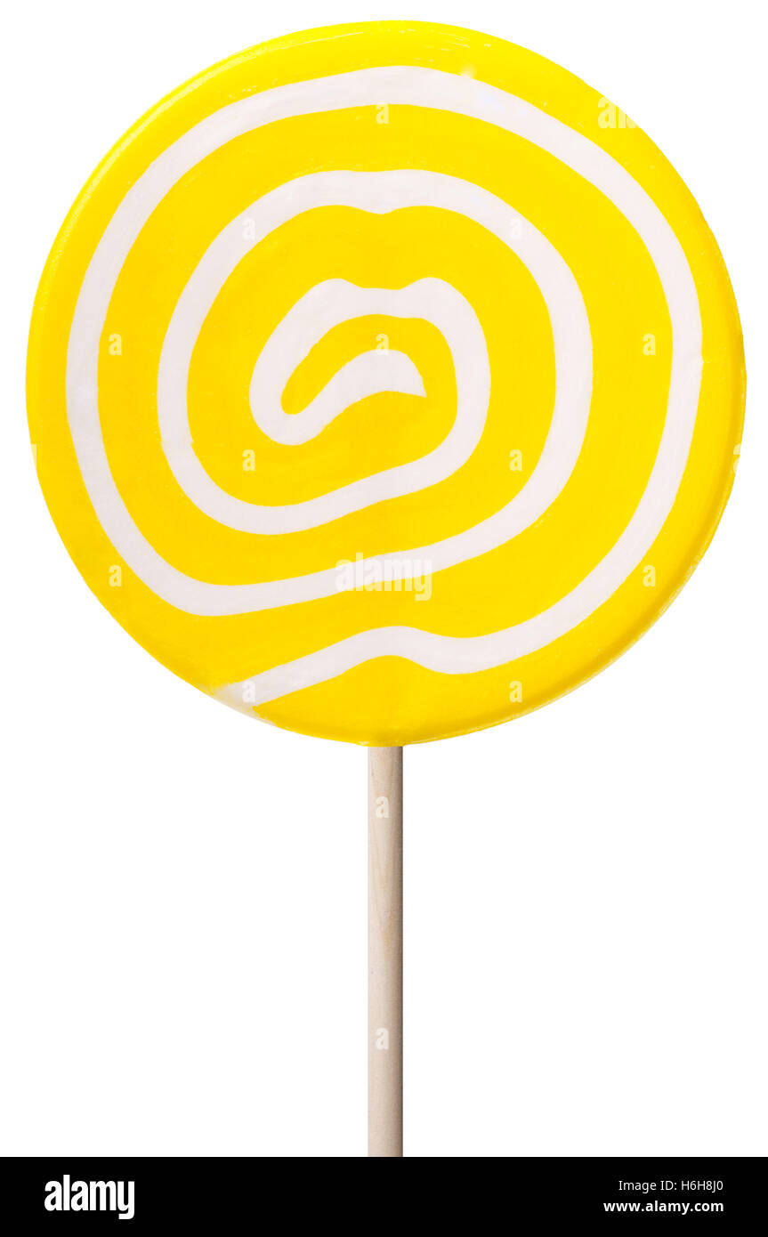 Round lollipop con giallo e bianco volute isolato su bianco. Foto Stock