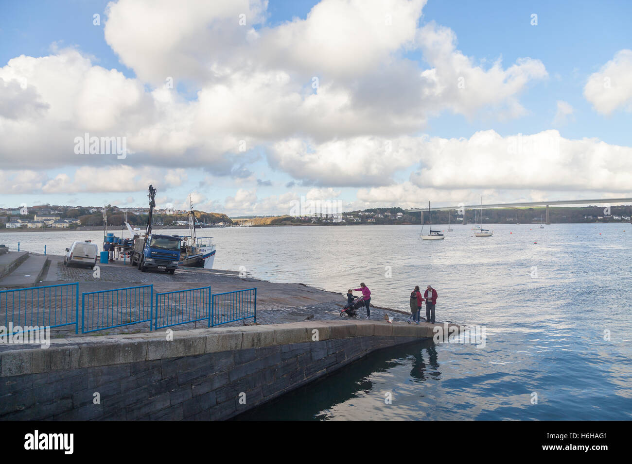 Barca da pesca equipaggio lo sbarco delle catture a Hobbs punto, Pembroke Dock, Wales, Regno Unito Foto Stock