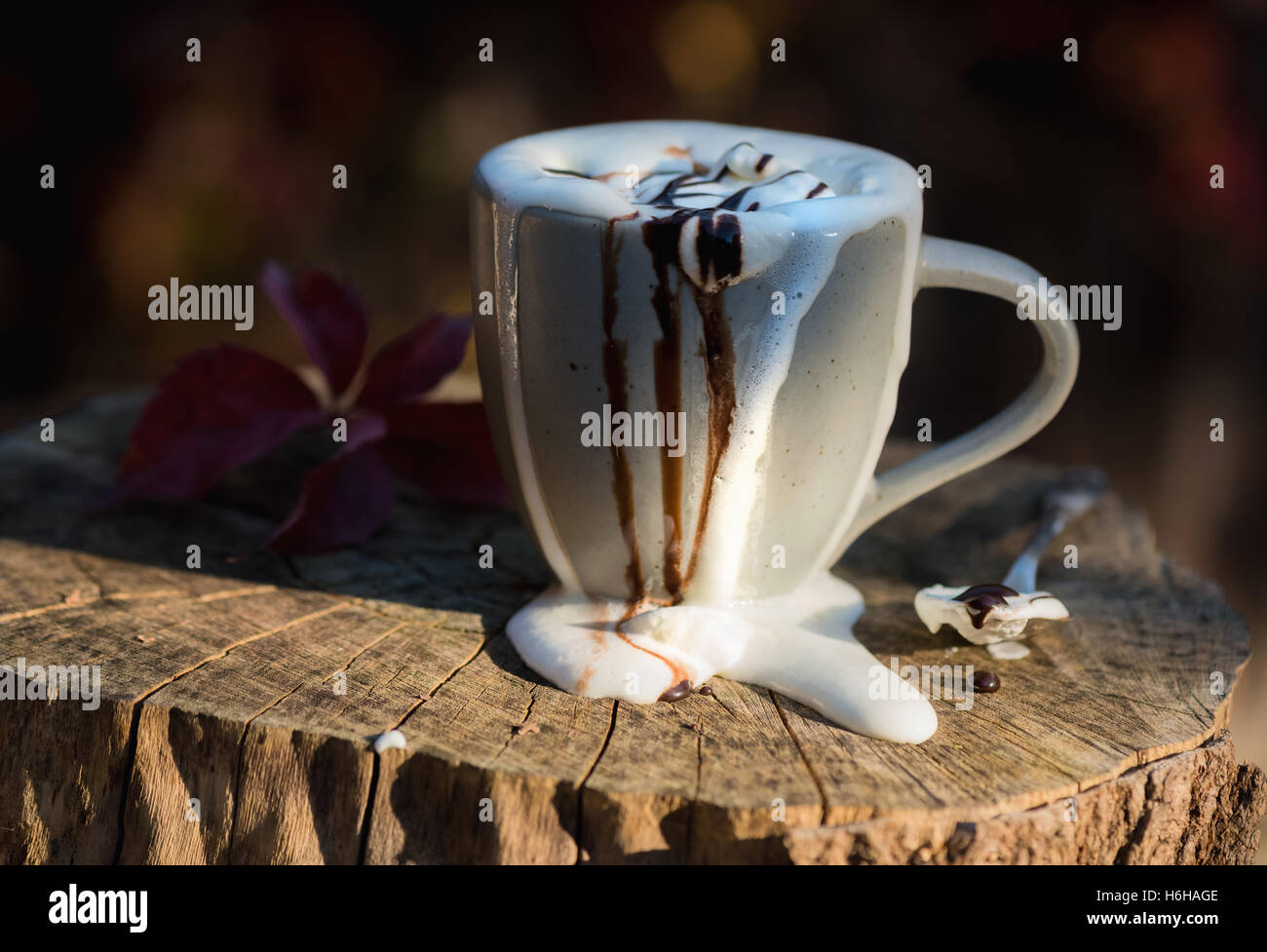 Molto disordinato di cioccolata calda con panna montata e salsa al cioccolato traboccante di una tazza alta impostata sul ceppo di albero Foto Stock Molto disordinato di cioccolata calda con panna montata e salsa al cioccolato traboccante di una tazza alta impostata sul ceppo di albero Foto Stock