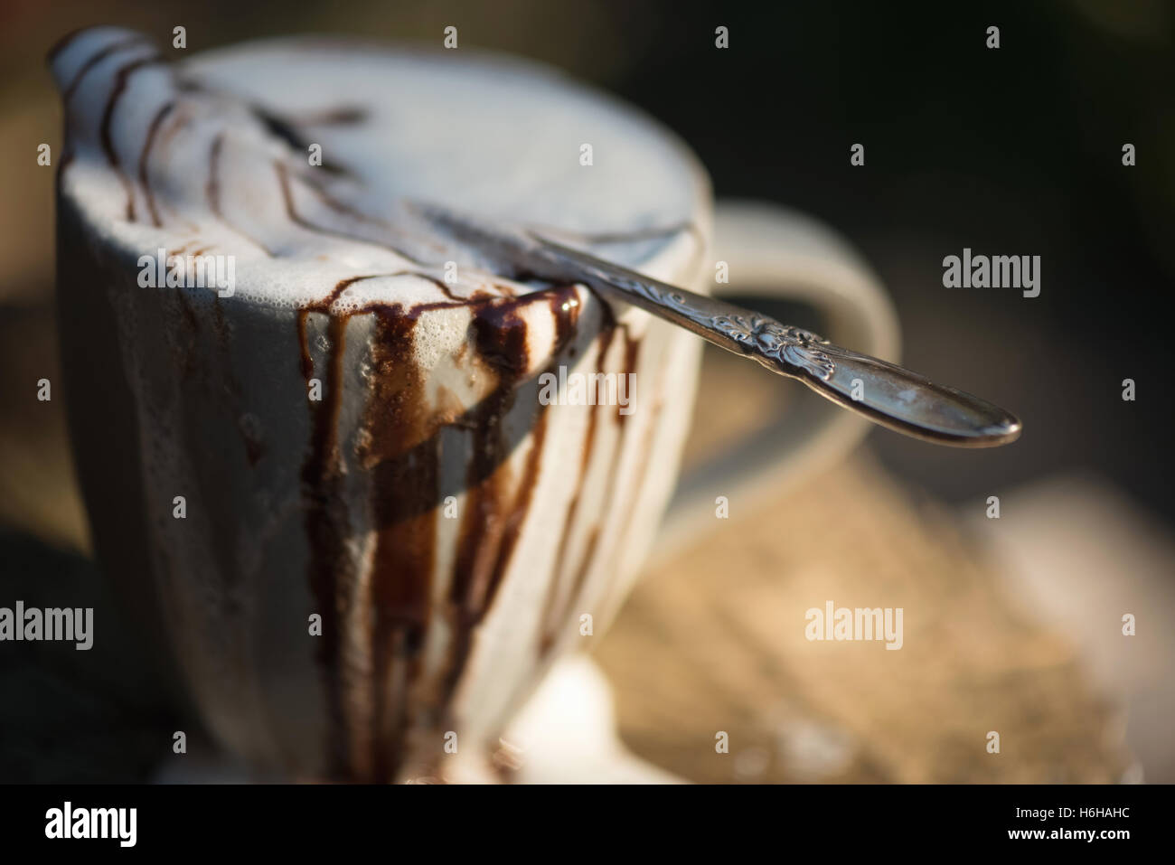 Molto disordinato di cioccolata calda con panna montata e salsa al cioccolato traboccante di una tazza alta impostata sul ceppo di albero Foto Stock Molto disordinato di cioccolata calda con panna montata e salsa al cioccolato traboccante di una tazza alta impostata sul ceppo di albero Foto Stock