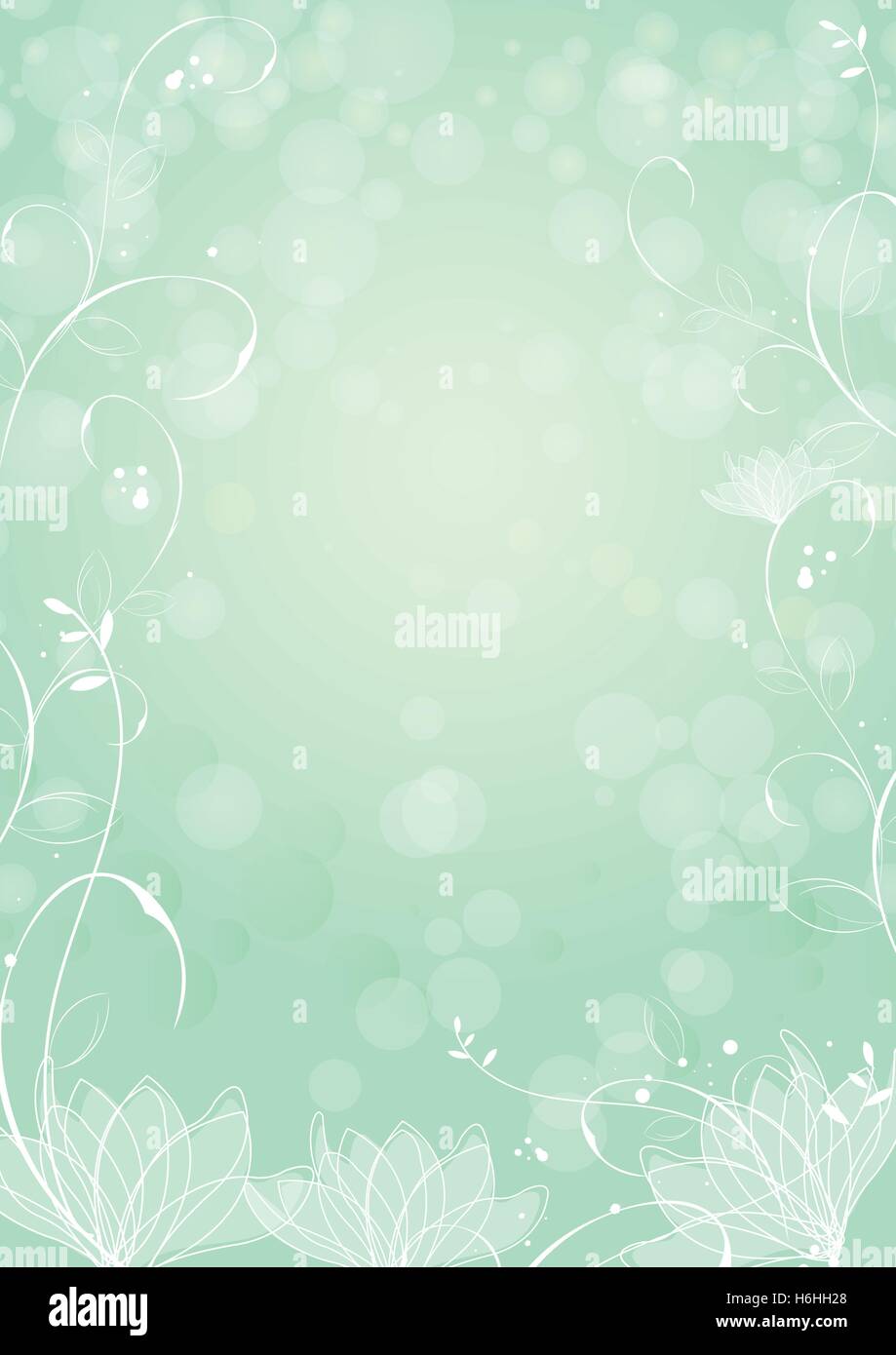 Gradiente verde sullo sfondo della carta con bordo lotus e piante Illustrazione Vettoriale