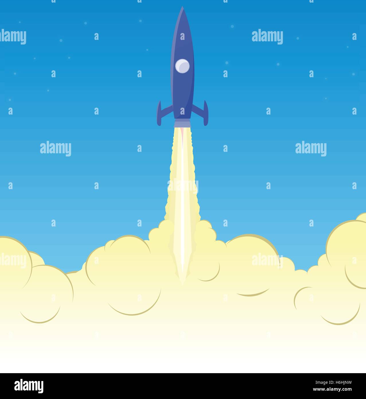 Blue razzo decollare e volare in alto attraverso il fumo di scarico alle stelle. Illustrazione Vettoriale