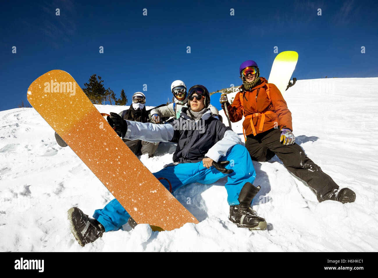 Gruppo amici snowboarder snowboard team Foto Stock