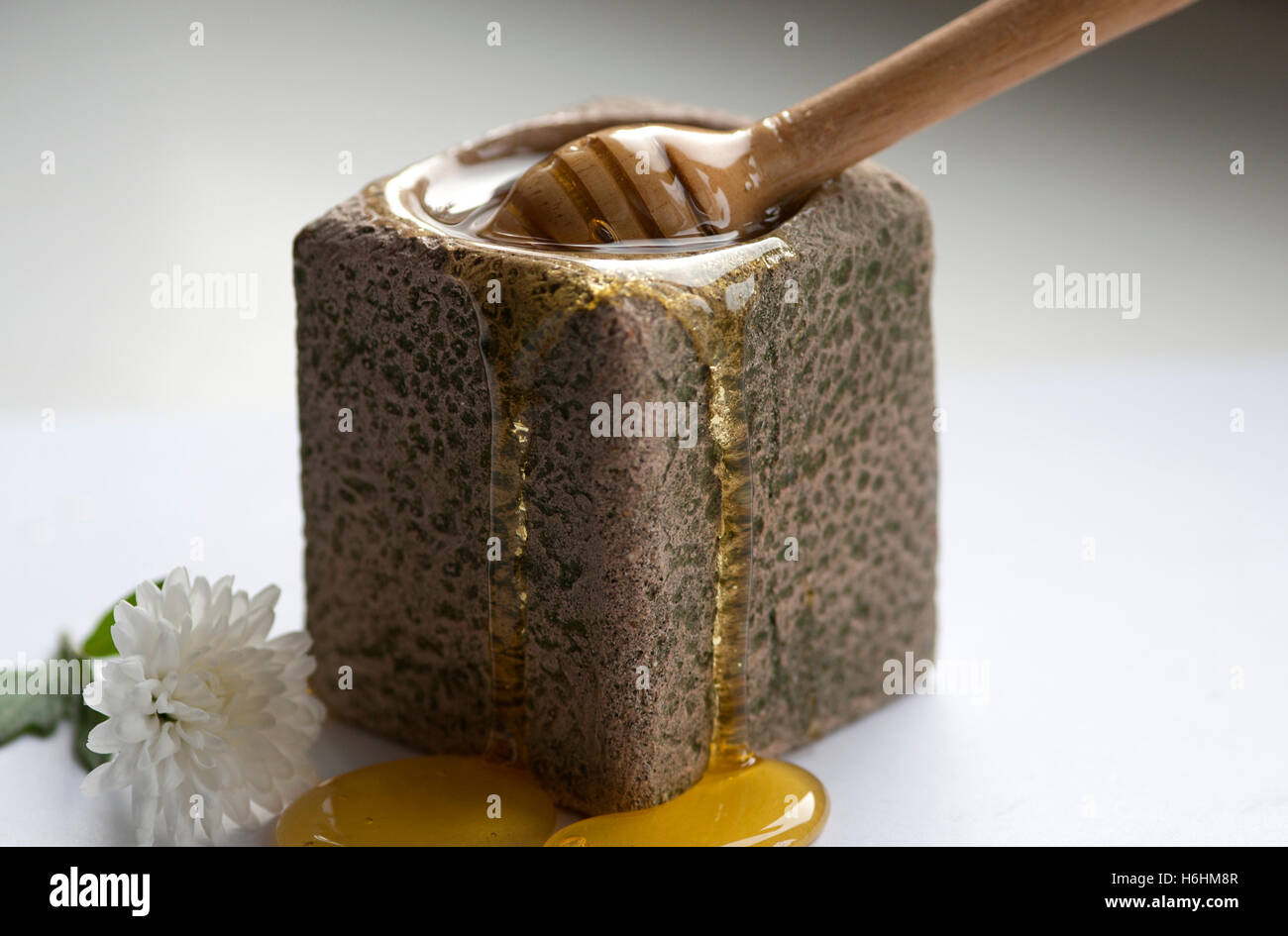 Bastone di legno in pietra vaso di miele Foto Stock