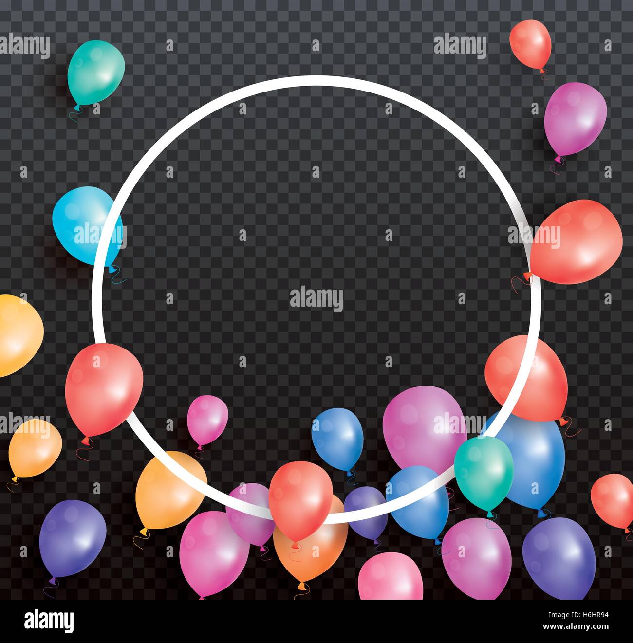 Carta vacanze con battenti palloncini e cerchio bianco telaio su sfondo trasparente. Illustrazione Vettoriale. Illustrazione Vettoriale