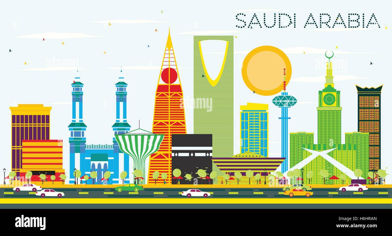 Arabia Saudita Skyline con punti di riferimento di colore e cielo blu. Illustrazione Vettoriale. Viaggi di affari e turismo Concept. Illustrazione Vettoriale