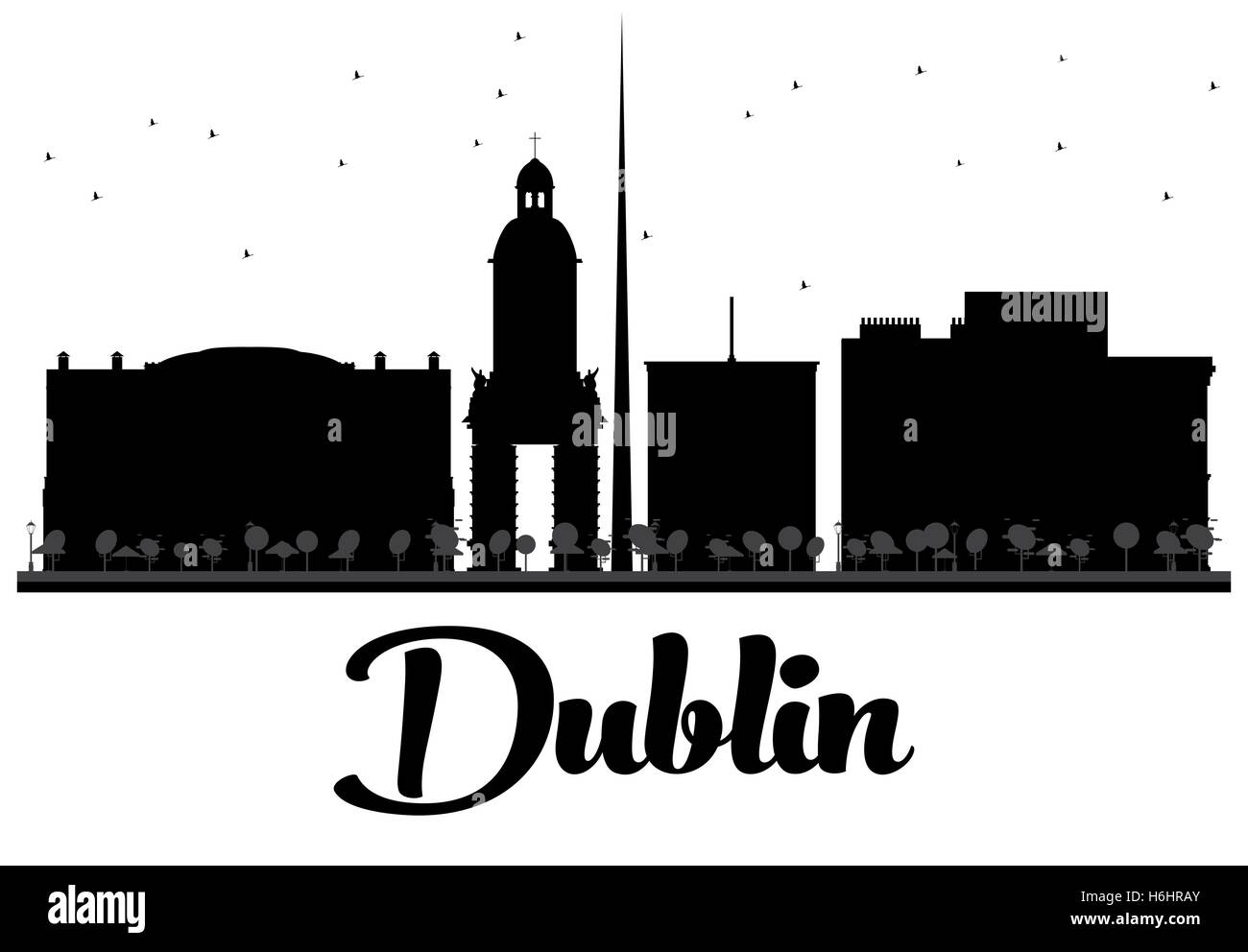 Dublin City skyline in bianco e nero la silhouette. Illustrazione Vettoriale. Piatto semplice concetto per il turismo presentazione, banner Illustrazione Vettoriale