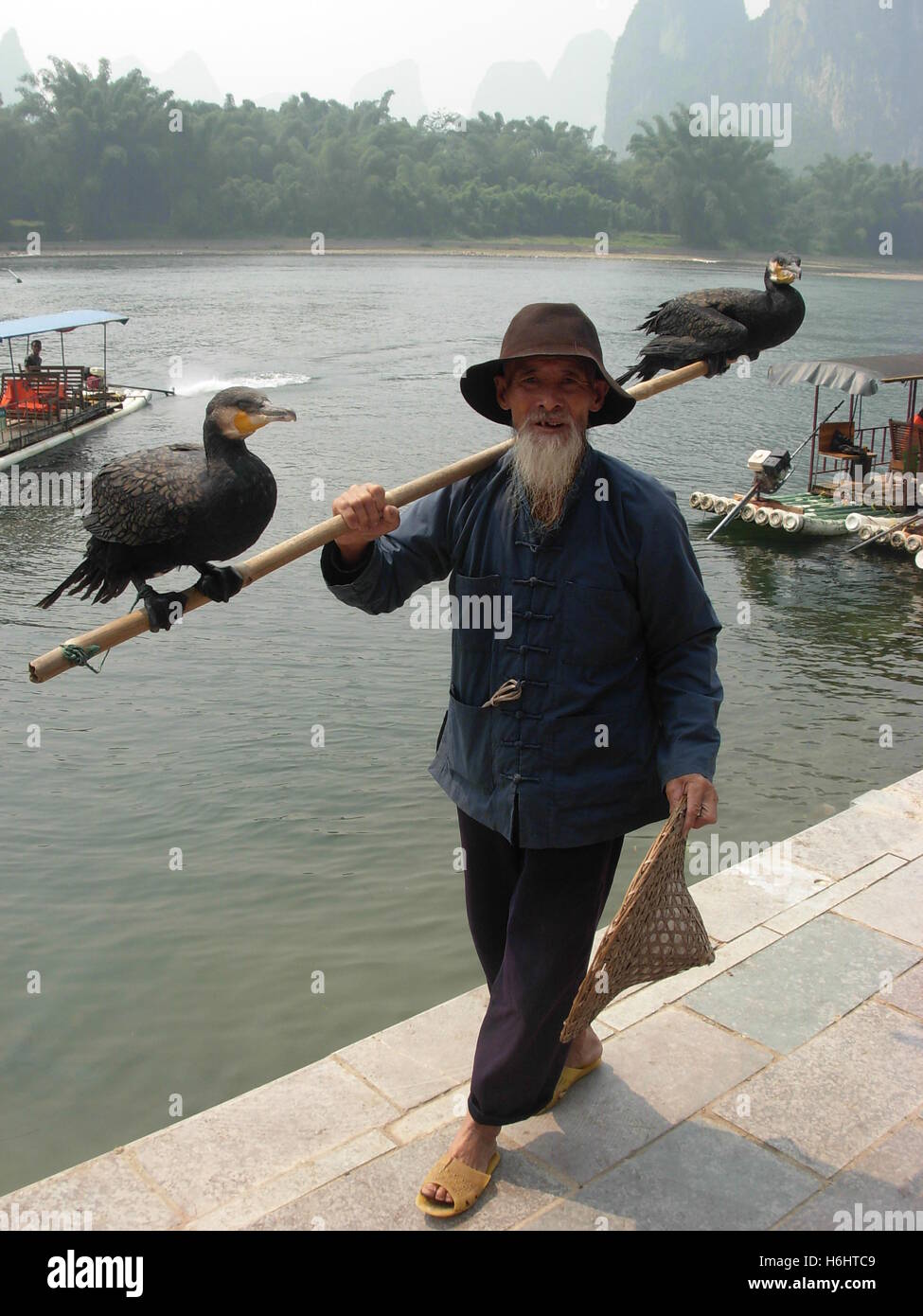 Vecchio Pescatore cinese con due cormorani vicino fiume Li in Yangshuo, provincia di Guangxi, Cina Foto Stock