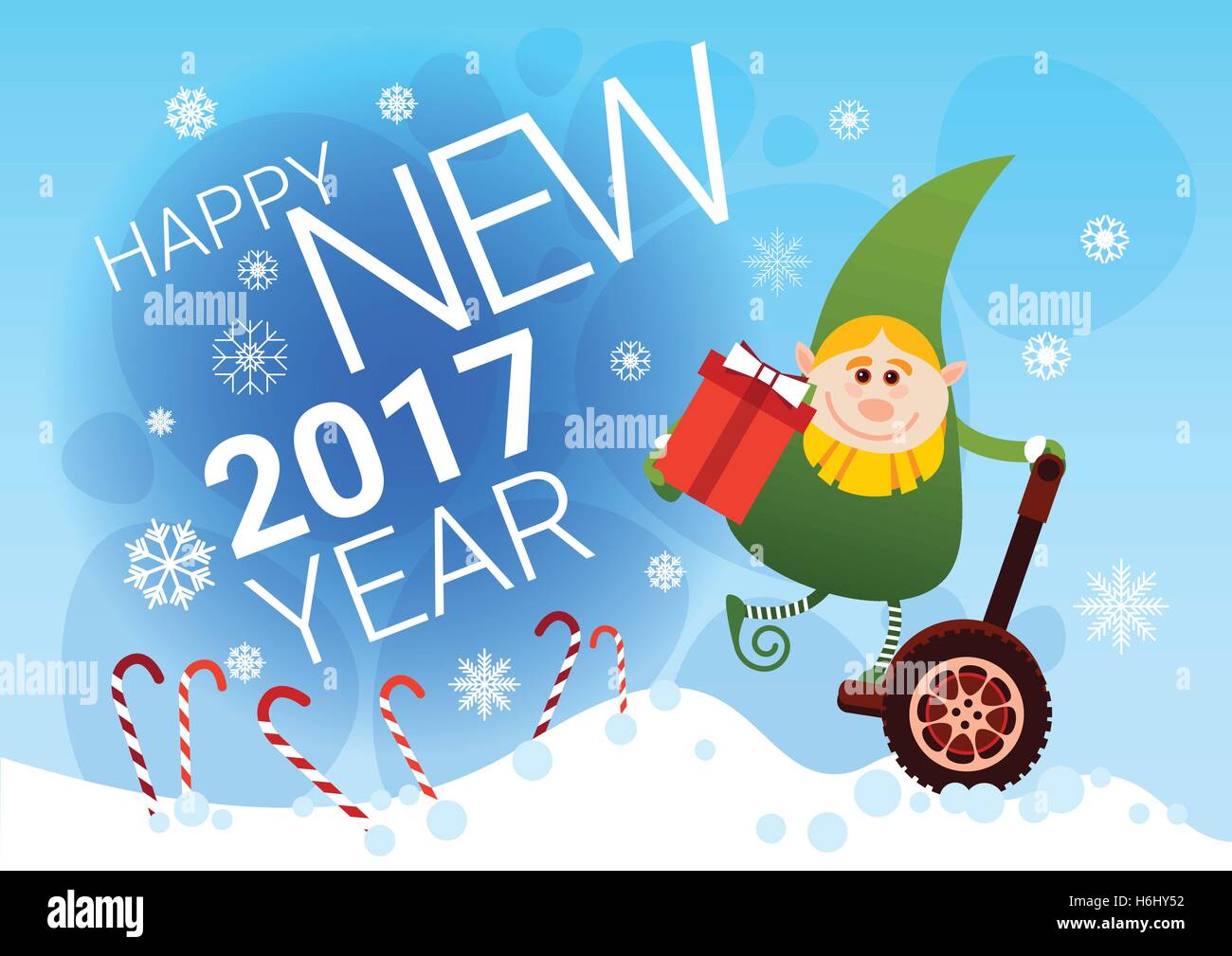 Green Elf Ride elettrico ruota Mono vacanze di Natale felice anno nuovo Biglietto di Auguri piatta illustrazione vettoriale Illustrazione Vettoriale
