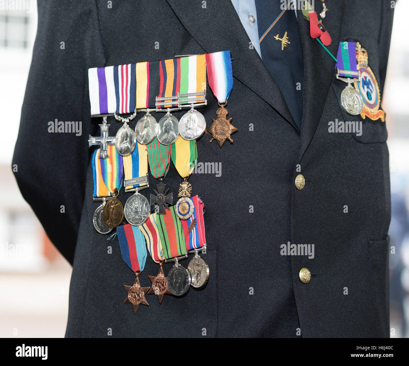 Brentwood, Essex, 29 ottobre 2016 veterano mostra fuori i suoi e i suoi nonni medaglie al papavero giorno di lancio, Brentwood, Essex Credit: Ian Davidson/Alamy Live News Foto Stock