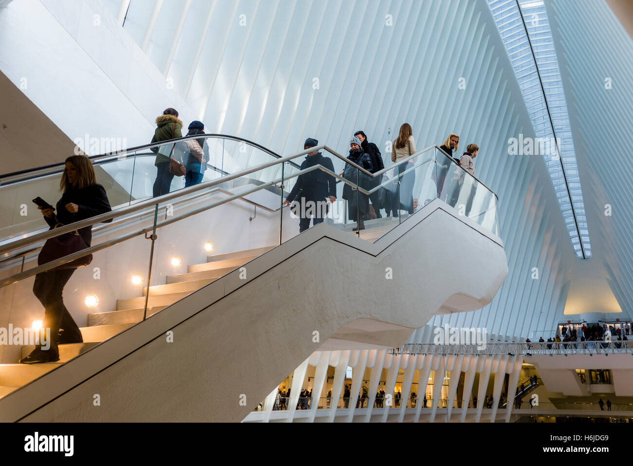 New York, NY Oculus Hub di trasporto presso il World Trade Centre, completata nel 2016, serve 250.000 Autorità Portuale Trans-Hudson (percorso) pendolari giornalieri e milioni di visitatori annui provenienti da tutto il mondo. ©Stacy Rosenstock Walsh Foto Stock