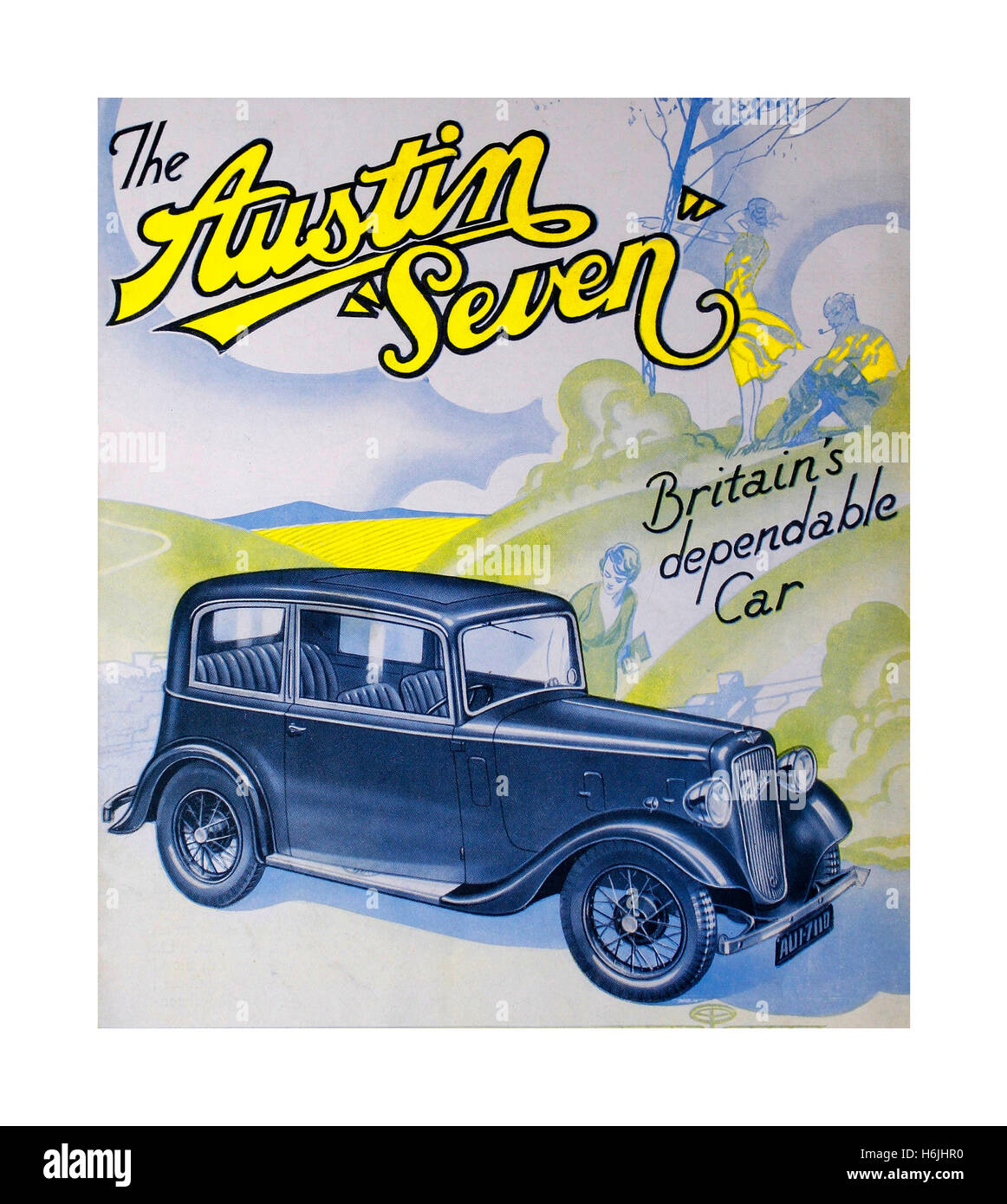 Vintage poster per la Austin 7 una economia berlina prodotta dal 1922 fino al 1939 nel Regno Unito da parte di Austin. Soprannominato il "Baby Austin' era a quel tempo uno dei più popolari vetture prodotte per il mercato britannico e venduti anche all'estero. Il suo effetto sul mercato britannico era simile a quella del modello T Ford negli Stati Uniti, in sostituzione della maggior parte degli altri economia britannica automobili e cyclecars dei primi 1920s. Foto Stock