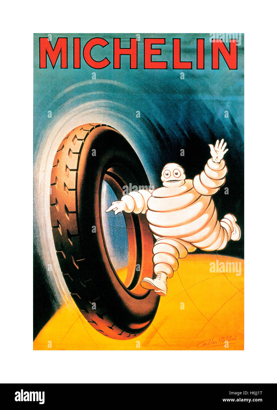 La MICHELIN Vintage 1900 poster per la Michelin pneumatici con la Michelin uomo 'Bibendum' in esecuzione con auto di puntamento del pneumatico a contatto del battistrada footprint Foto Stock