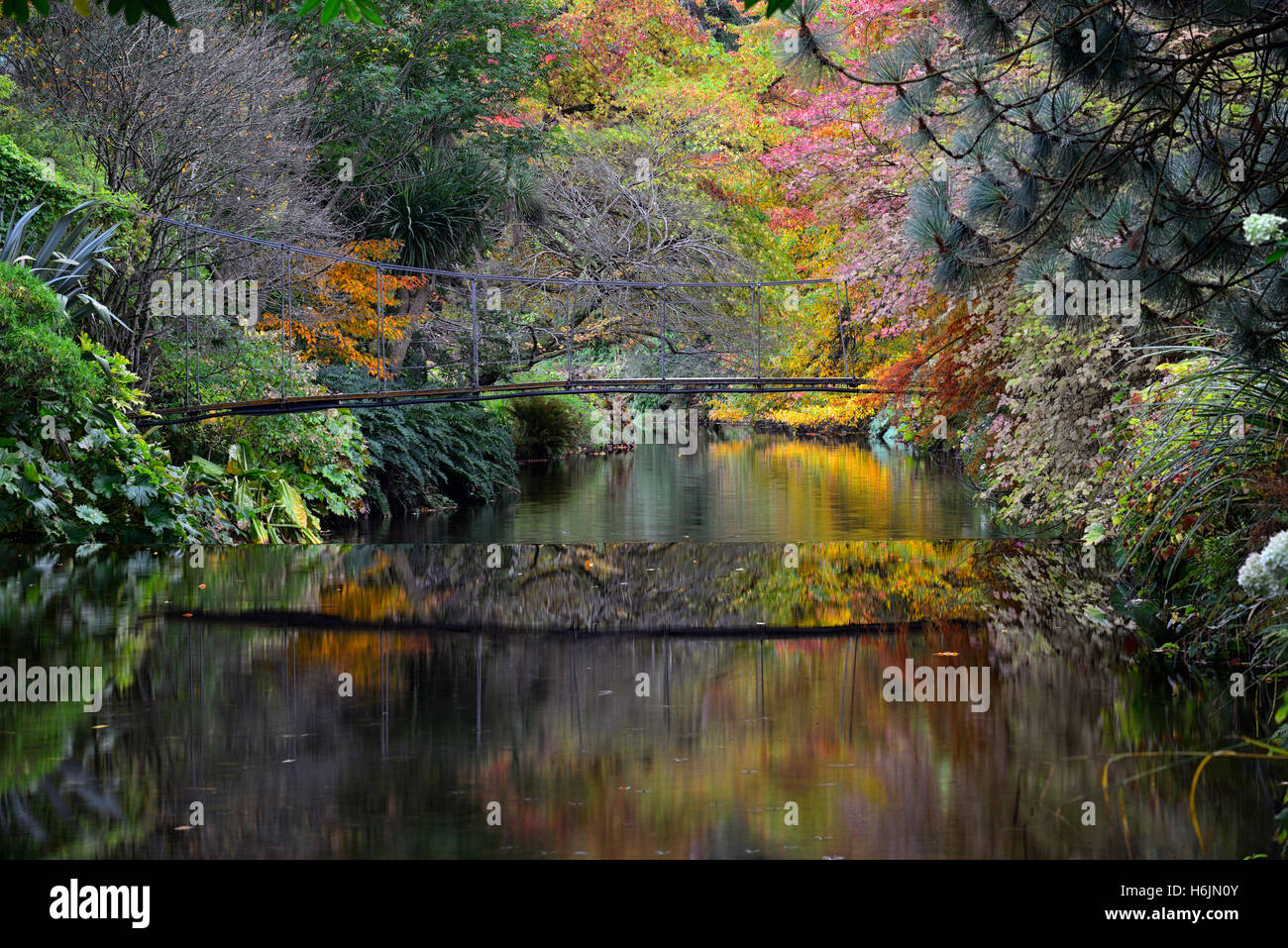 Ponte pedonale riflessa riflettono la riflessione sul fiume Vartry Mount Usher gardens Wicklow Autunno colori autunnali colori floreali RM Foto Stock