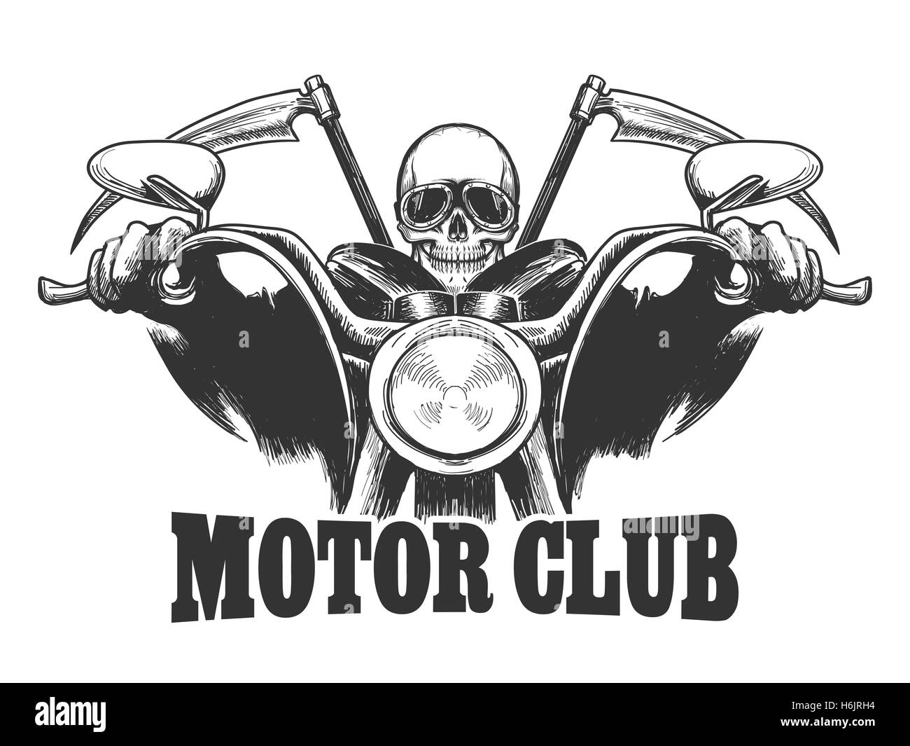 Motor Club emblema della morte su una motocicletta in bicchieri con falci. Biker simbolo disegnato in stile di incisione. Illustrazione Vettoriale Illustrazione Vettoriale